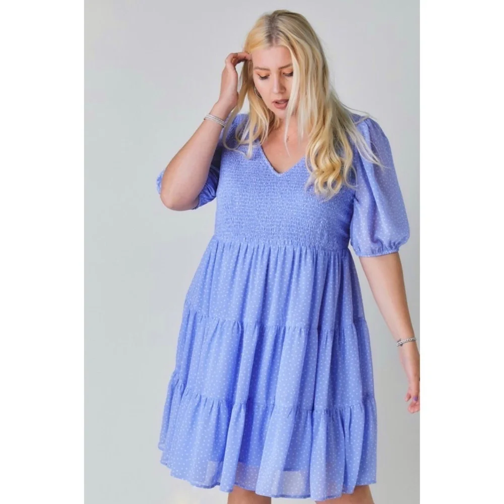 Davi & Dani Blue Polka Dot V Neck Short Sleeve Tiered Midi Dress - Picture 2 of 9